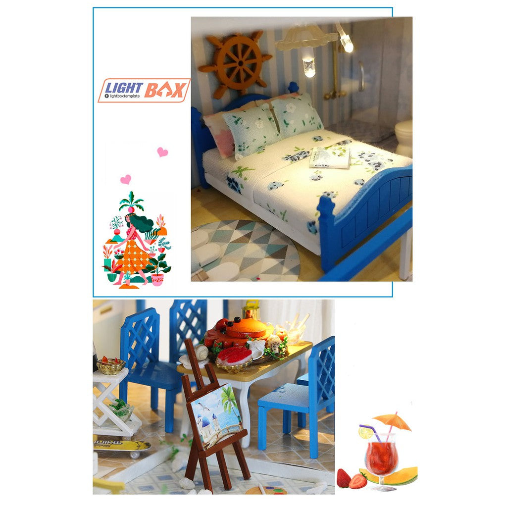 Nhà búp bê Tự làm bằng gỗ [Nhà ROMANTIC AEGEAN SEA có nội thất & đèn led ] Tặng kèm khung MICA + dụng cụ keo