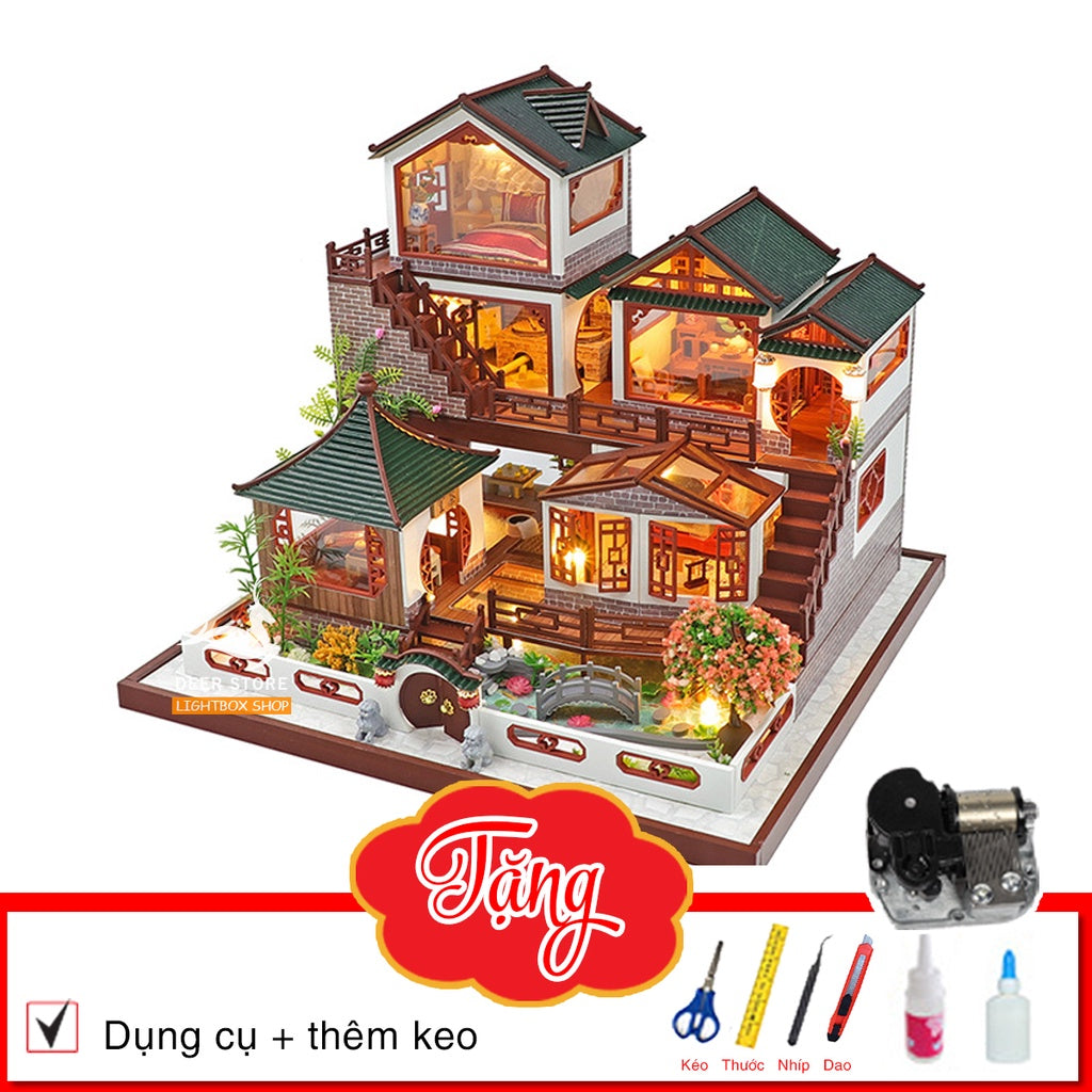 Nhà búp bê biệt thự Tự làm DIY bằng gỗ | Tặng DỤNG CỤ, CÓT NHẠC và 4 BÌNH KEO DÁN. Mô hình có nội thất và đèn | L2122