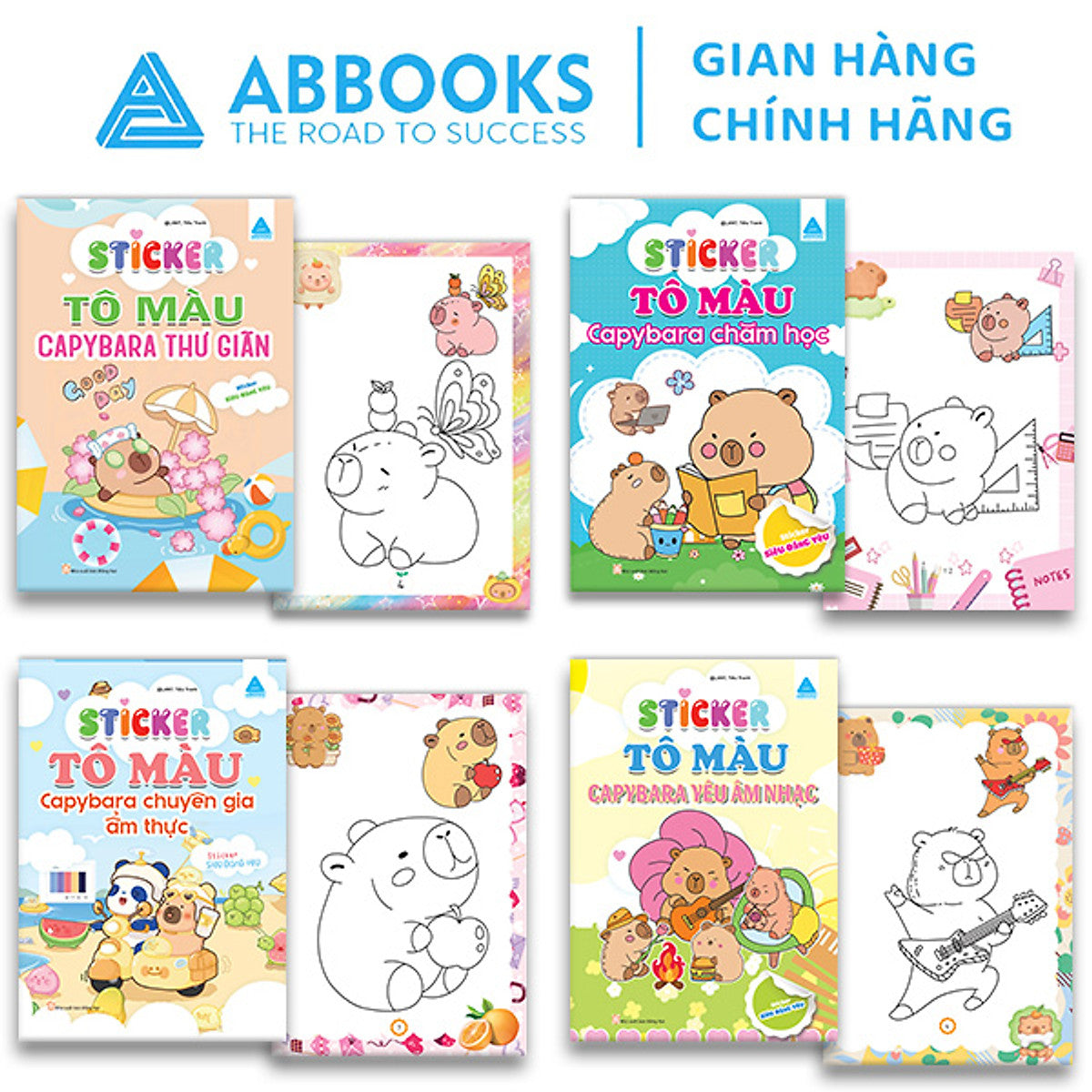 Sách Tô Màu - Sticker Capybara  Thư Giãn, Chuyên Gia Ẩm Thực, Chăm Học, Yêu Âm Nhạc - Bộ 4 Quyển