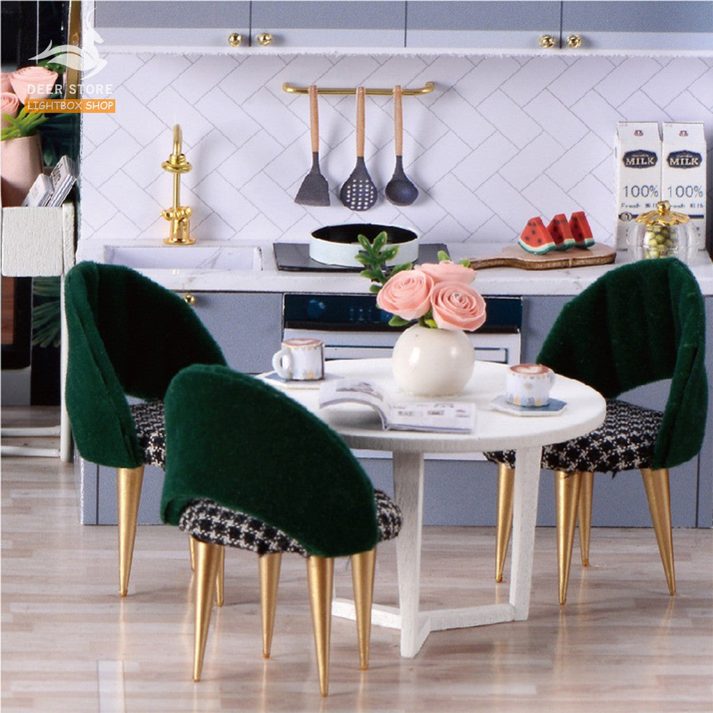 Nhà búp bê Tự làm bằng gỗ [Nhà mô hình có nội thất THE SATISFIED TIME & đèn LED] Tặng KHUNG BẢO VỆ, dụng cụ và keo. L032
