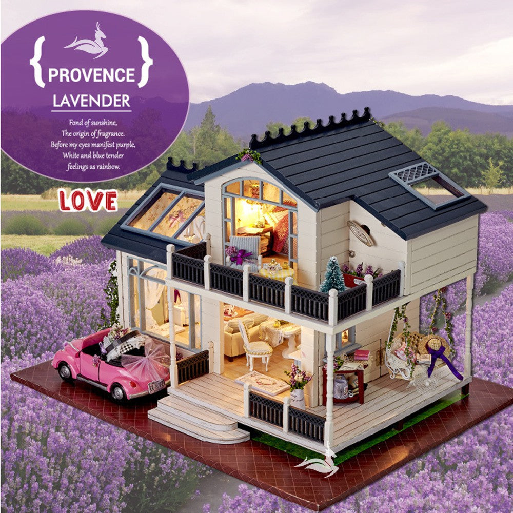 Quà tặng Nhà Búp Bê bằng gỗ DIY - (Tặng Cót nhạc + Keo + Bộ Dụng Cụ Làm + Khung bảo vệ ) Có xe