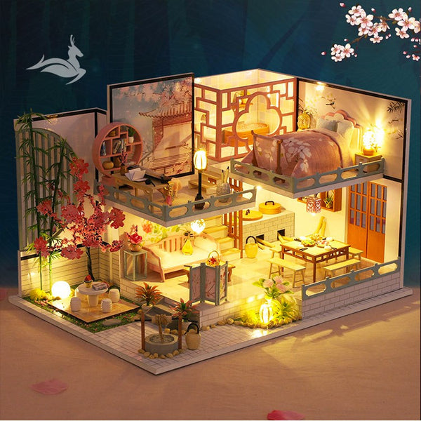 Nhà búp bê kiểu Nhật tự làm - Tặng KHUNG BẢO VỆ, dụng cụ và keo dán [Nhà có nội thất & đèn LED] M032