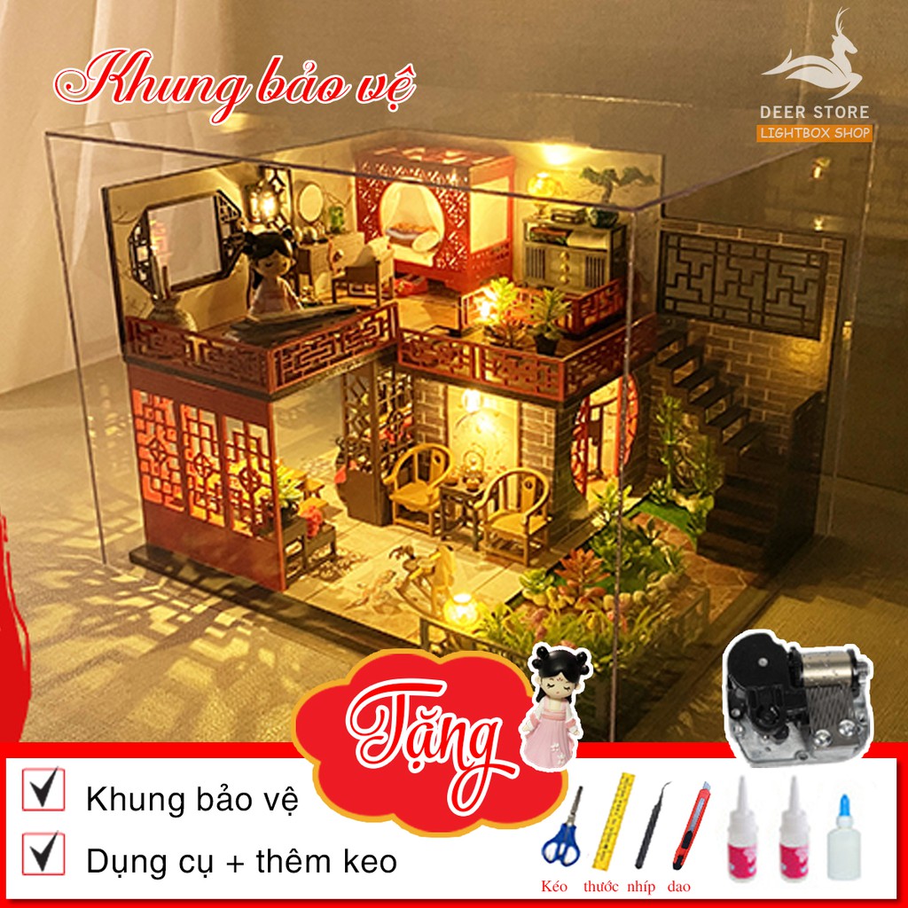 Nhà búp bê DIY bằng gỗ | Tặng BÚP BÊ, DỤNG CỤ, CÓT NHẠC, KEO VÀ KHUNG BẢO VỆ