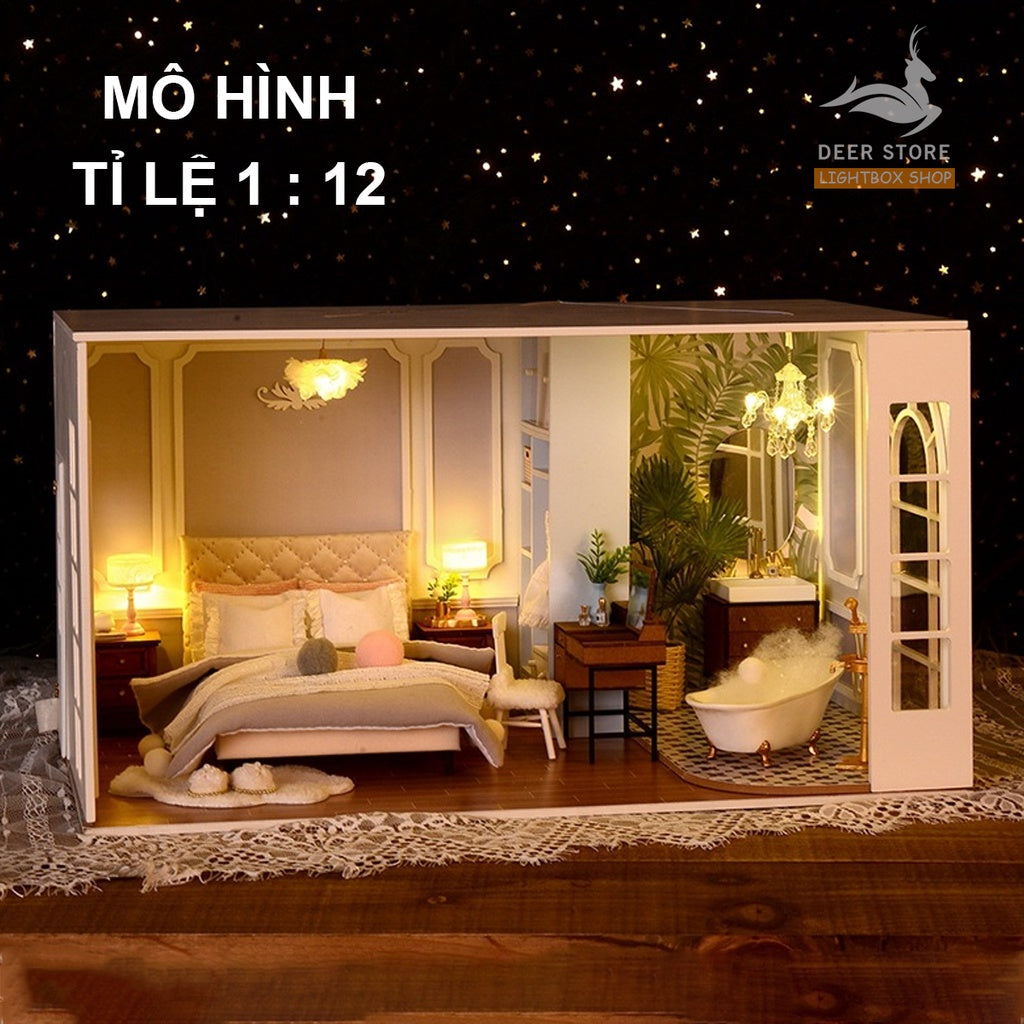 Nhà búp bê Tỉ Lệ 1:12 DIY bằng gỗ  | Phòng ngủ cho Búp bê Barbie, Tăng Khung Mica Che Bui, Dụng cụ và Keo dán.  BT-011
