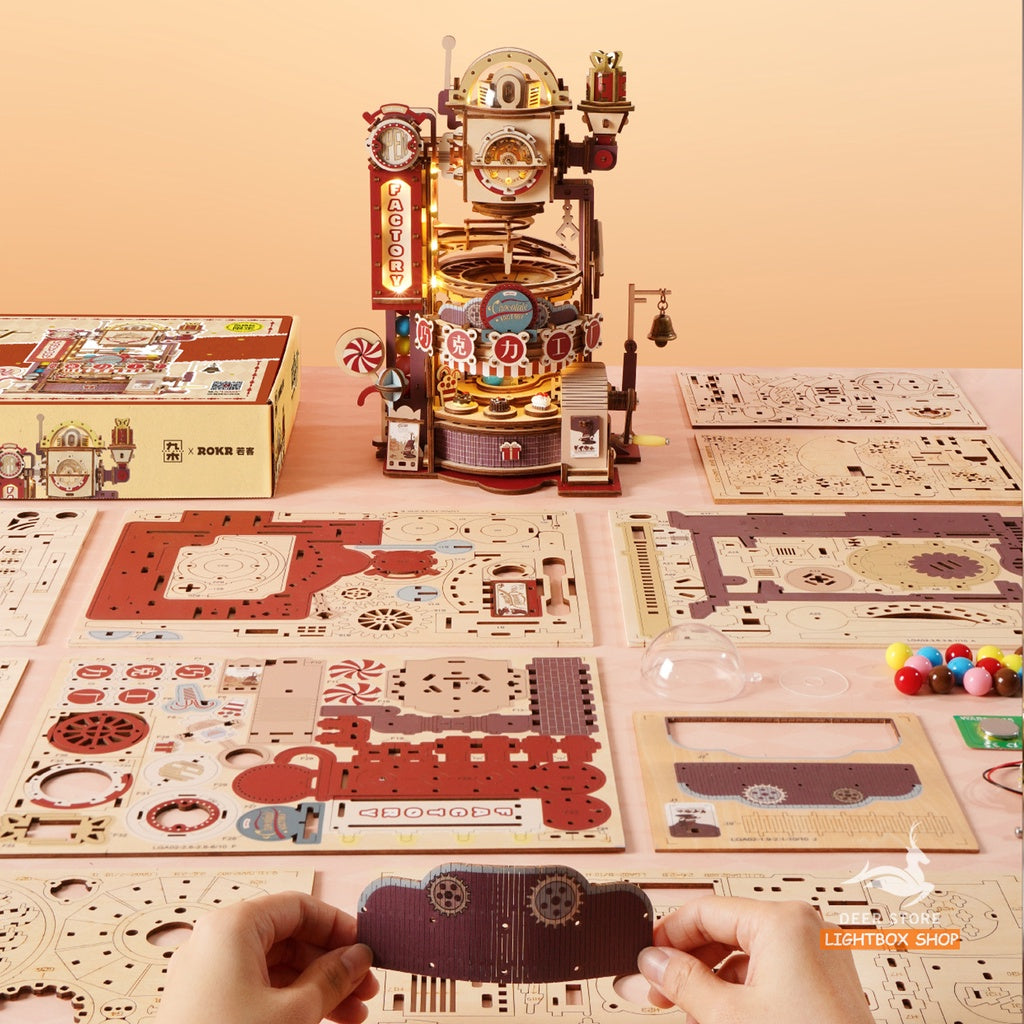 [Bản Tiếng Anh] Đồ chơi lắp ráp gỗ 3D Robotime Chocolate Factory. Có Đèn và Vòng Bi Quay Sử dụng bánh răng | LGA02