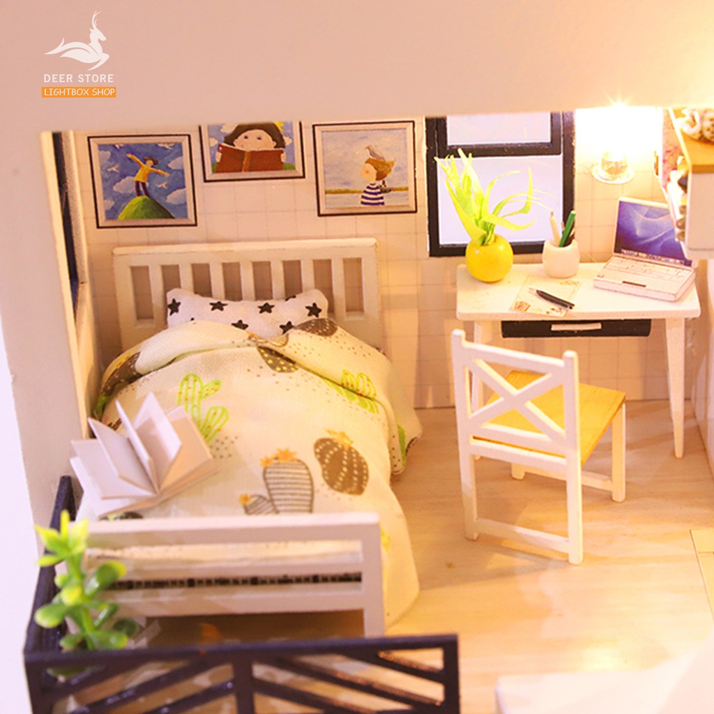 Nhà búp bê Tự làm bằng gỗ [Nhà có nội thất & đèn LED] Tặng KHUNG BẢO VỆ + Dụng cụ | SHINE YOUR WAY M021