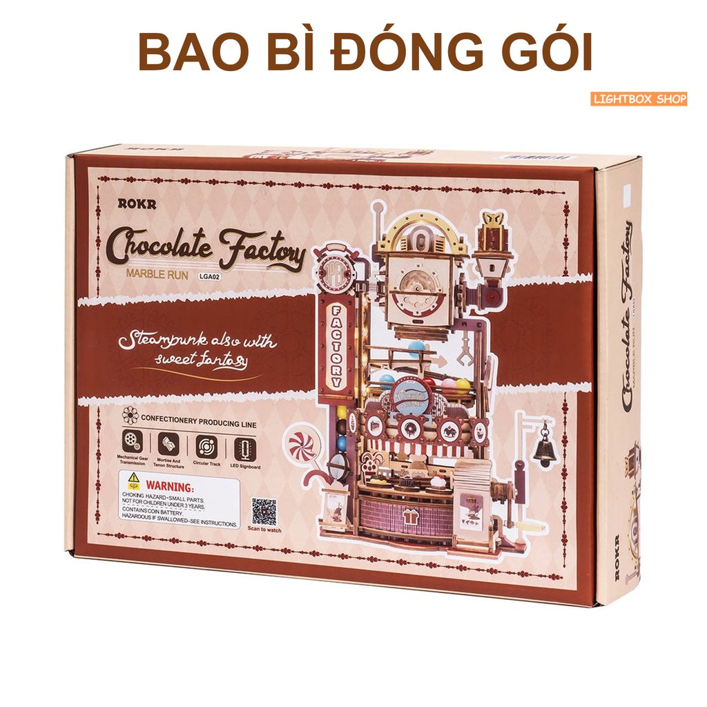 [Bản Tiếng Anh] Đồ chơi lắp ráp gỗ 3D Robotime Chocolate Factory. Có Đèn và Vòng Bi Quay Sử dụng bánh răng | LGA02