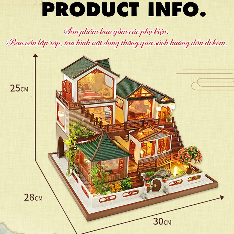 Nhà búp bê biệt thự Tự làm DIY bằng gỗ | Tặng DỤNG CỤ, CÓT NHẠC và 4 BÌNH KEO DÁN. Mô hình có nội thất và đèn | L2122