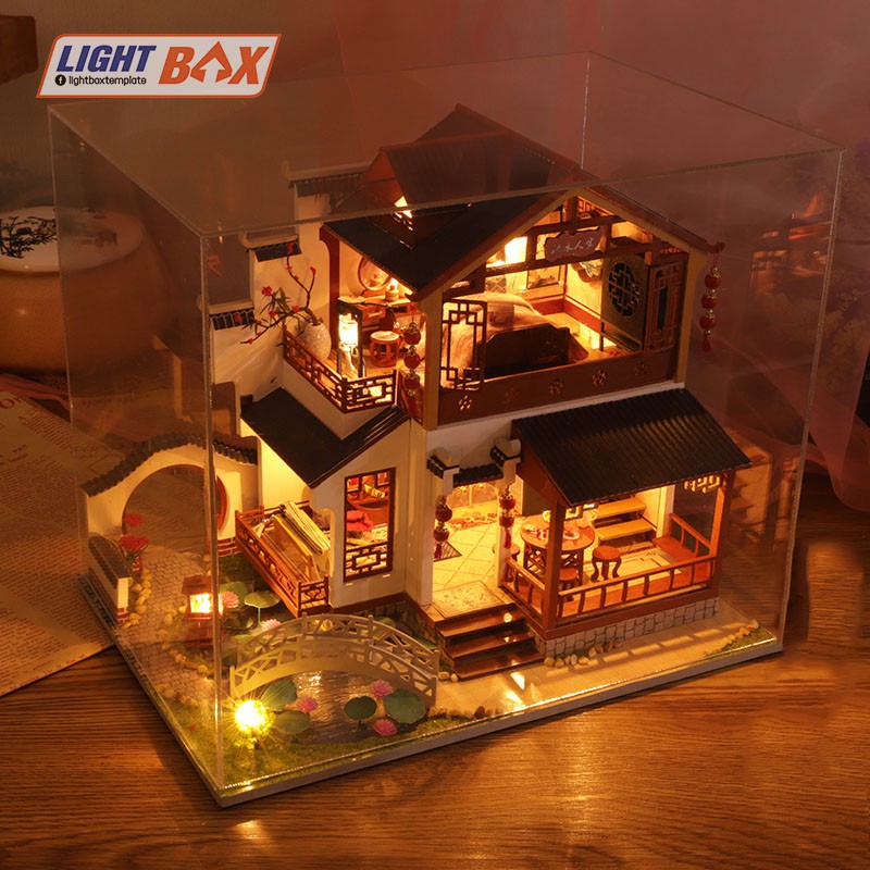 Nhà búp bê Tự làm bằng gỗ [Nhà TRIÊU HOA TỊCH THẬP có nội thất & đèn led ] Tặng kèm khung MICA + dụng cụ keo