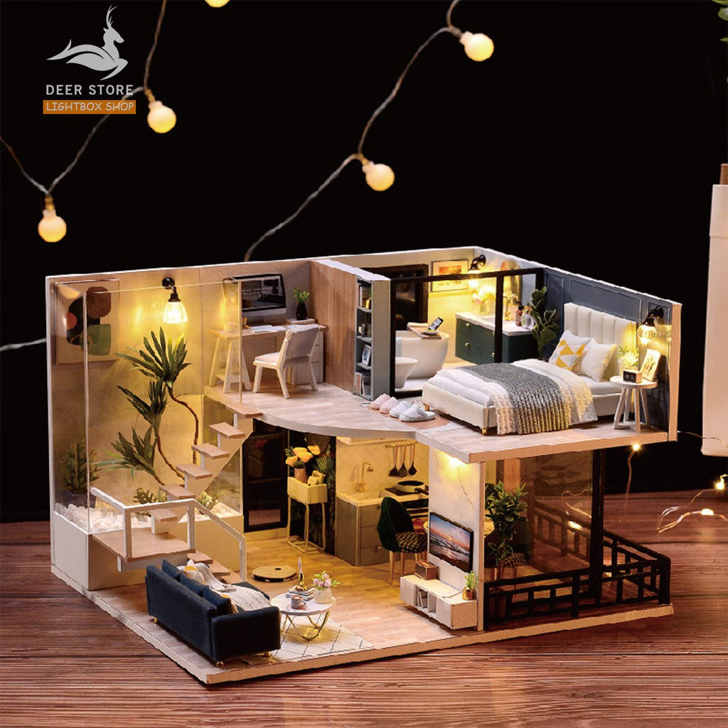 Nhà búp bê Tự làm bằng gỗ [Nhà mô hình có nội thất THE SATISFIED TIME & đèn LED] Tặng KHUNG BẢO VỆ, dụng cụ và keo. L032