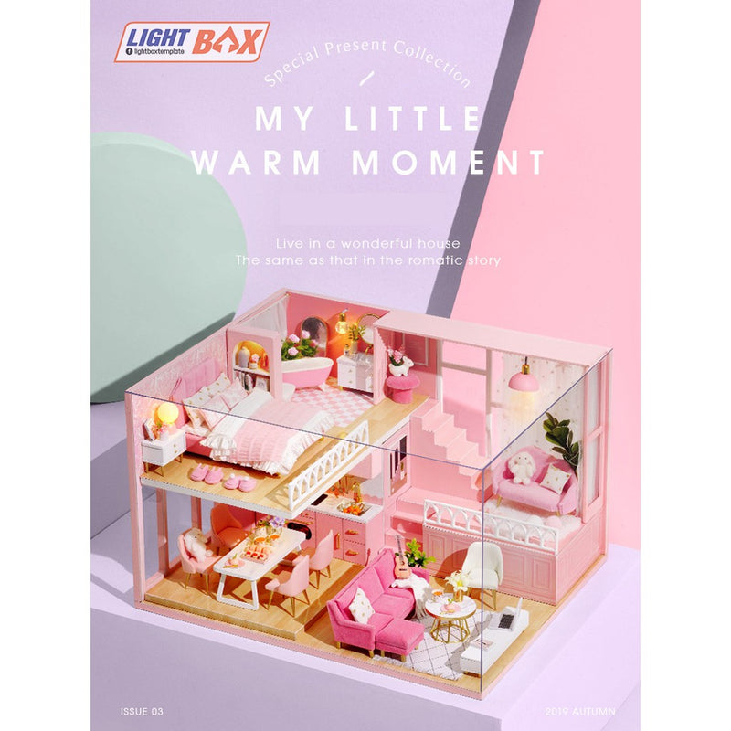 Nhà búp bê Tự làm bằng gỗ [Mô Hình có nội thất MY LITTLE WARM MOMENT+ đèn LED] Tặng kèm khung bảo vệ + Dụng cụ keo L030