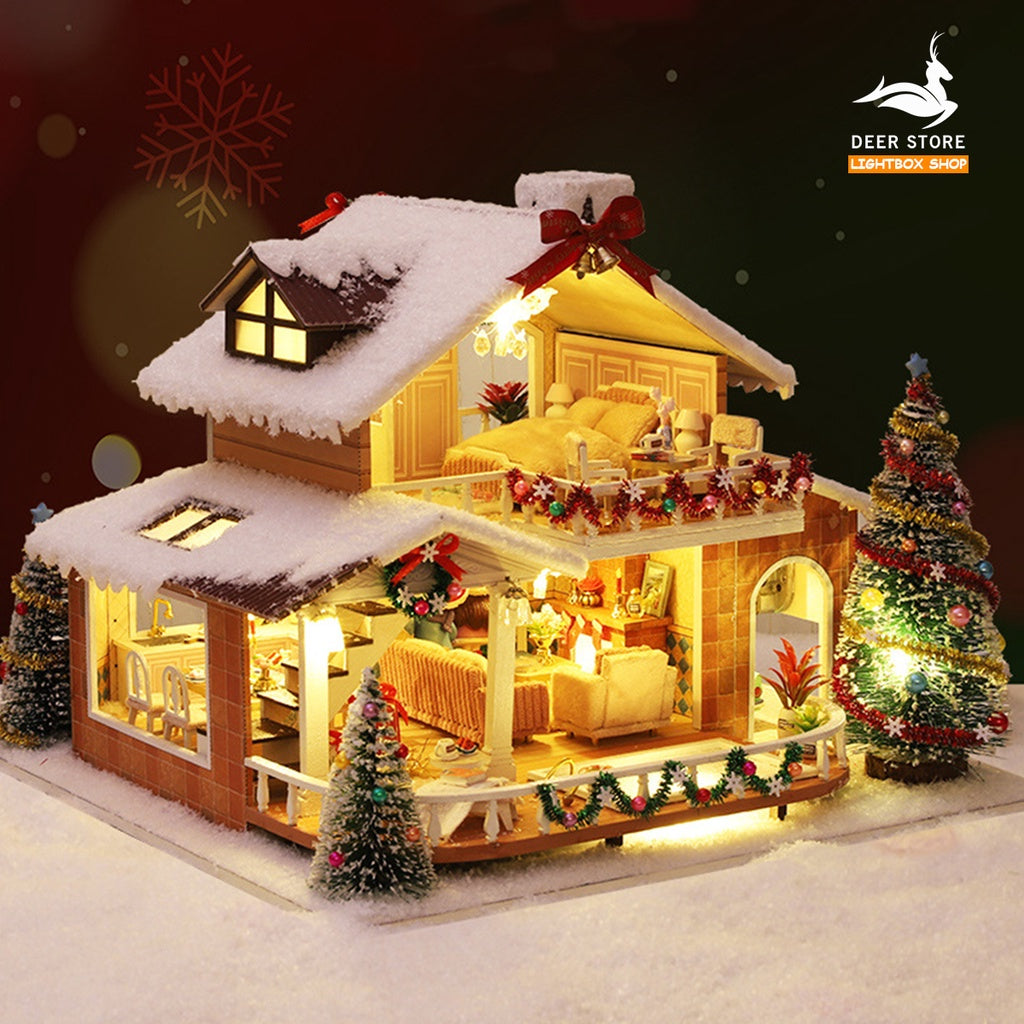 Nhà búp bê DIY. Mô hình nhà 3d | Quà tặng Noel tự làm | Tặng Bộ Trang Trí Giáng Sinh + Ông Già Noel + Búp bê + Hộp Nhạc