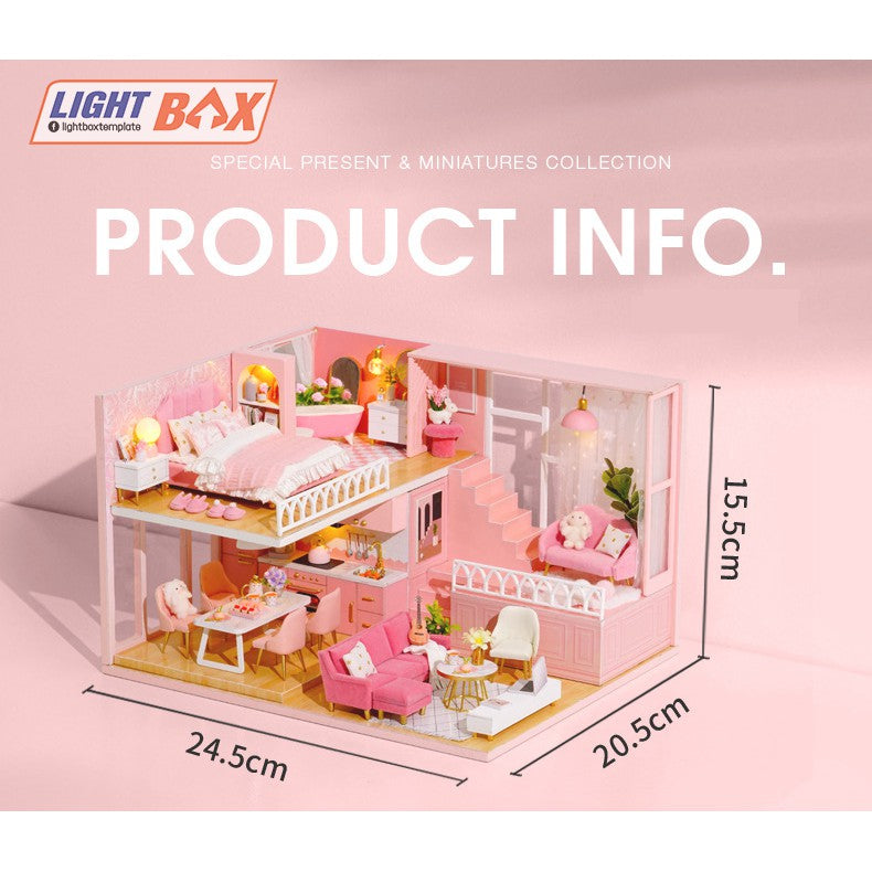 Nhà búp bê Tự làm bằng gỗ [Mô Hình có nội thất MY LITTLE WARM MOMENT+ đèn LED] Tặng kèm khung bảo vệ + Dụng cụ keo L030