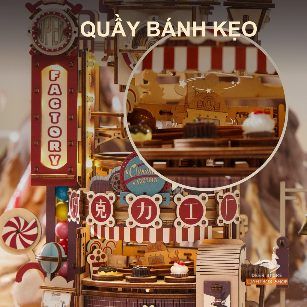 [Bản Tiếng Anh] Đồ chơi lắp ráp gỗ 3D Robotime Chocolate Factory. Có Đèn và Vòng Bi Quay Sử dụng bánh răng | LGA02