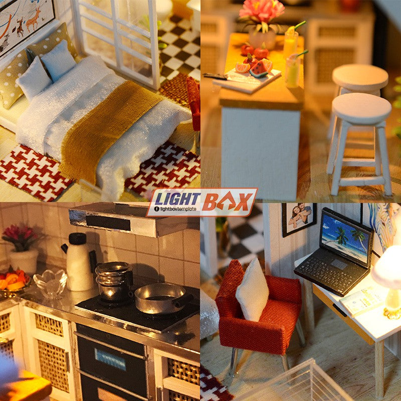 Nhà búp bê Tự làm bằng gỗ [Nhà có nội thất HAPPY TOGETHER & đèn LED] Tặng KHUNG BẢO VỆ + DỤNG CỤ