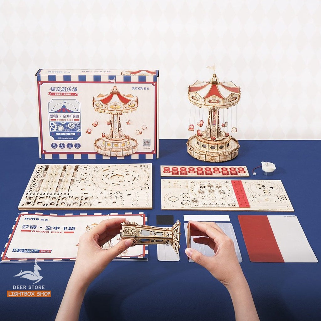 Đồ chơi lắp ráp ROKR Bằng gỗ 3D Swing Ride DIY Music Box. Hộp nhạc Robotime có Đèn và vòng quay tự động. EA02
