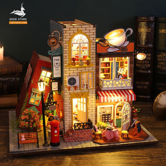 Mô hình Cafe sách Nhà búp bê tự làm bằng gỗ tự làm. Tặng Dụng Cụ và 2 bình KEO. ES007 Mô hình Book Villa Lighbox shop