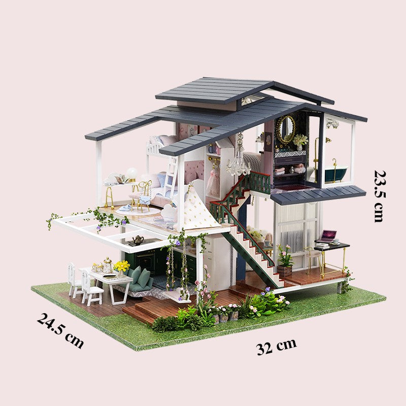 Nhà búp bê DIY tự làm bằng gỗ - Tặng Cót nhạc và 3 Bình Keo Dán [Nhà có nội thất & đèn LED]  Monet Garden A081