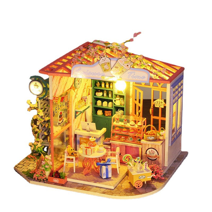 Nhà búp bê Tự làm bằng gỗ. Mô hình nhà gồm Nội thật và Đèn led, Tặng dụng cụ và keo | Mô hình quán Trà sữa. S005