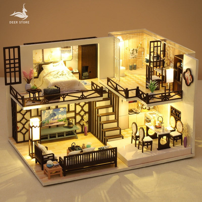 Nhà búp bê DIY tự lắp ráp Đầy đủ nội thật - Tặng khung bảo vệ, dụng cụ và keo - Đầy đủ nội thật và Đèn Led