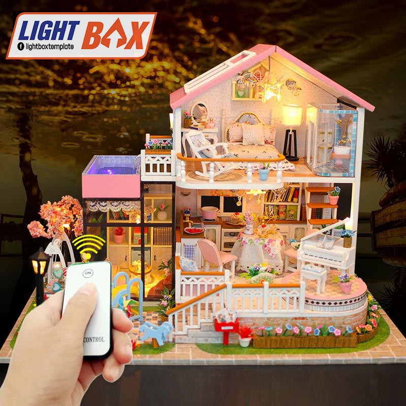 Nhà búp bê Tự làm bằng gỗ  [Nhà Mô Hình có nội thất + đèn LED + Âm Nhạc]. 13846