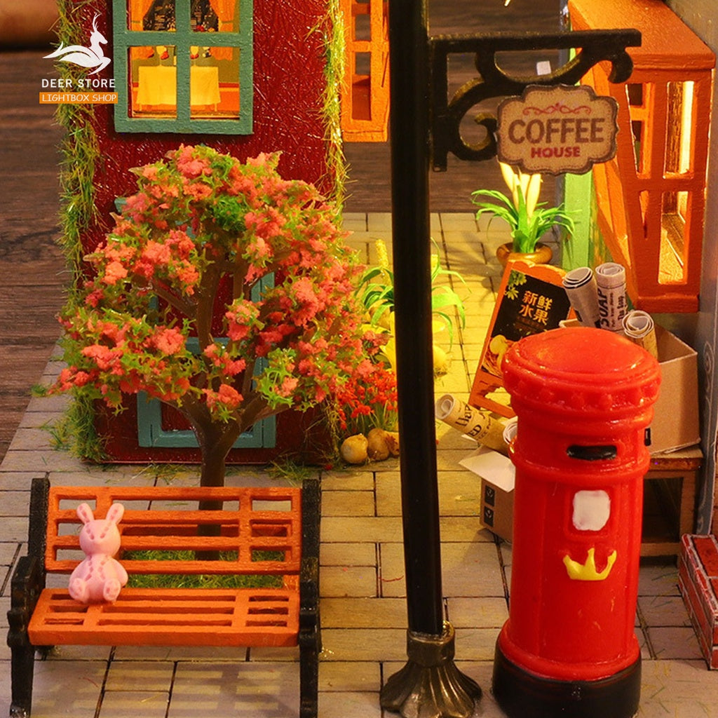 Mô hình Cafe sách Nhà búp bê tự làm bằng gỗ tự làm. Tặng Dụng Cụ và 2 bình KEO. ES007 Mô hình Book Villa Lighbox shop