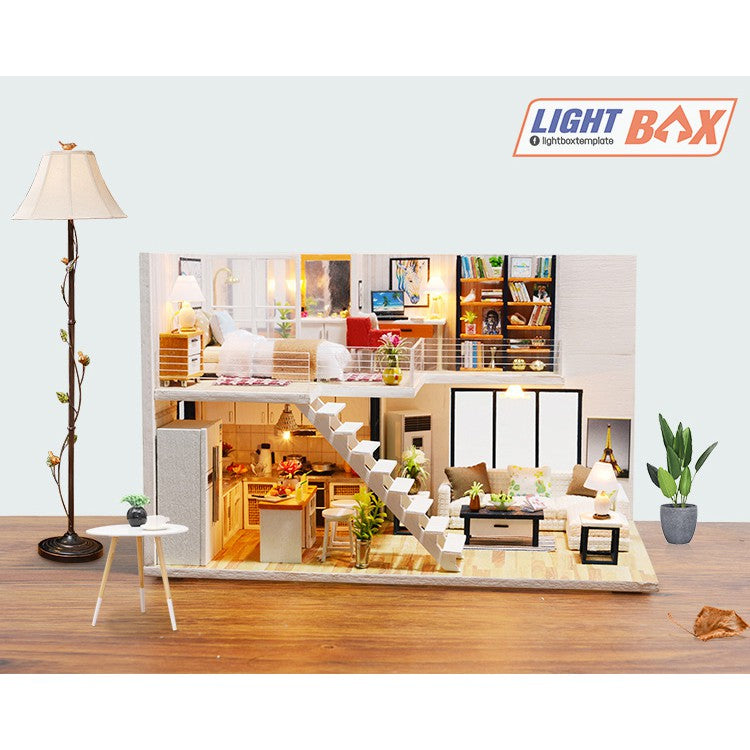 Nhà búp bê Tự làm bằng gỗ [Nhà có nội thất HAPPY TOGETHER & đèn LED] Tặng KHUNG BẢO VỆ + DỤNG CỤ