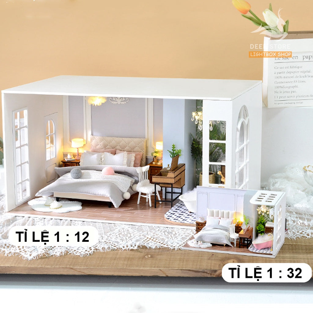 Nhà búp bê Tỉ Lệ 1:12 DIY bằng gỗ  | Phòng ngủ cho Búp bê Barbie, Tăng Khung Mica Che Bui, Dụng cụ và Keo dán.  BT-011