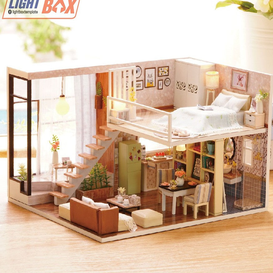 Nhà búp bê Tự làm bằng gỗ [Nhà có nội thất WAITING FOR THE TIME & đèn led ] Tặng khung MICA + dụng cụ keo | L020