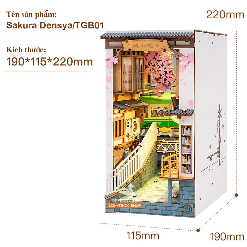 [Hướng dẫn Tiếng Anh - Việt] Mô hình Book Nook tự lắp ráp bằng gỗ Rolife Sakura Densya. Đèn có công tắc cảm ứng. TGB01