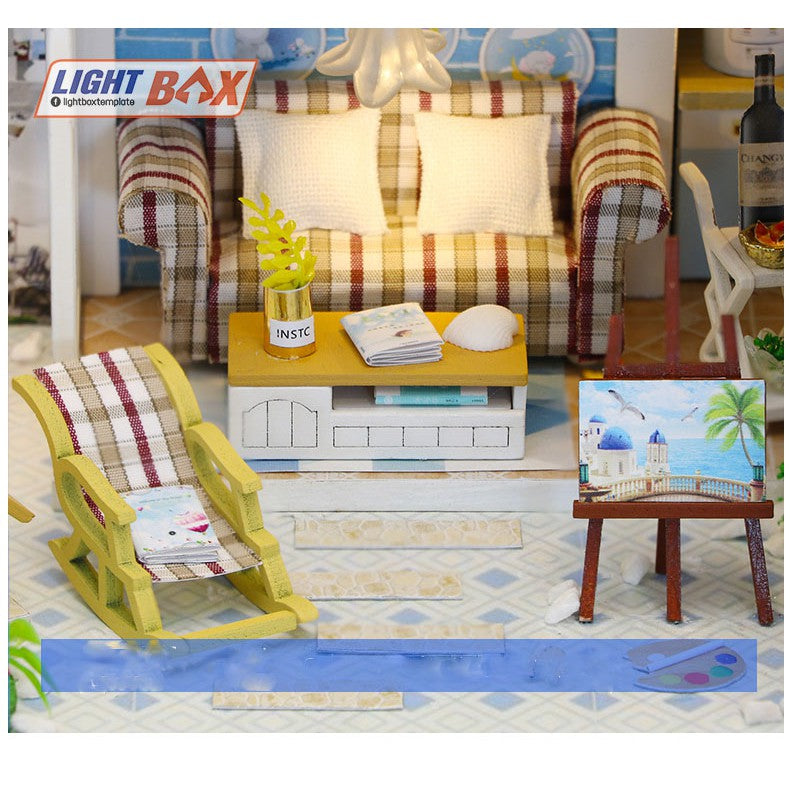 Nhà búp bê Tự làm bằng gỗ [Nhà ROMANTIC AEGEAN SEA có nội thất & đèn led ] Tặng kèm khung MICA + dụng cụ keo