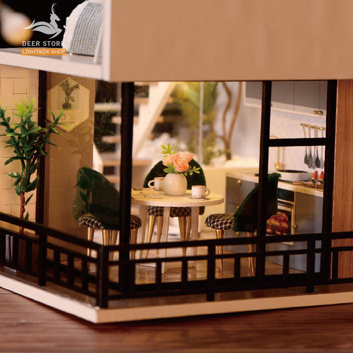 Nhà búp bê Tự làm bằng gỗ [Nhà mô hình có nội thất THE SATISFIED TIME & đèn LED] Tặng KHUNG BẢO VỆ, dụng cụ và keo. L032