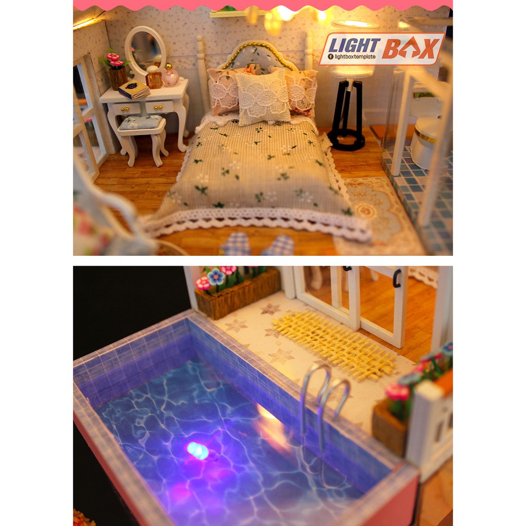 Nhà búp bê Tự làm bằng gỗ  [Nhà Mô Hình có nội thất + đèn LED + Âm Nhạc]. 13846