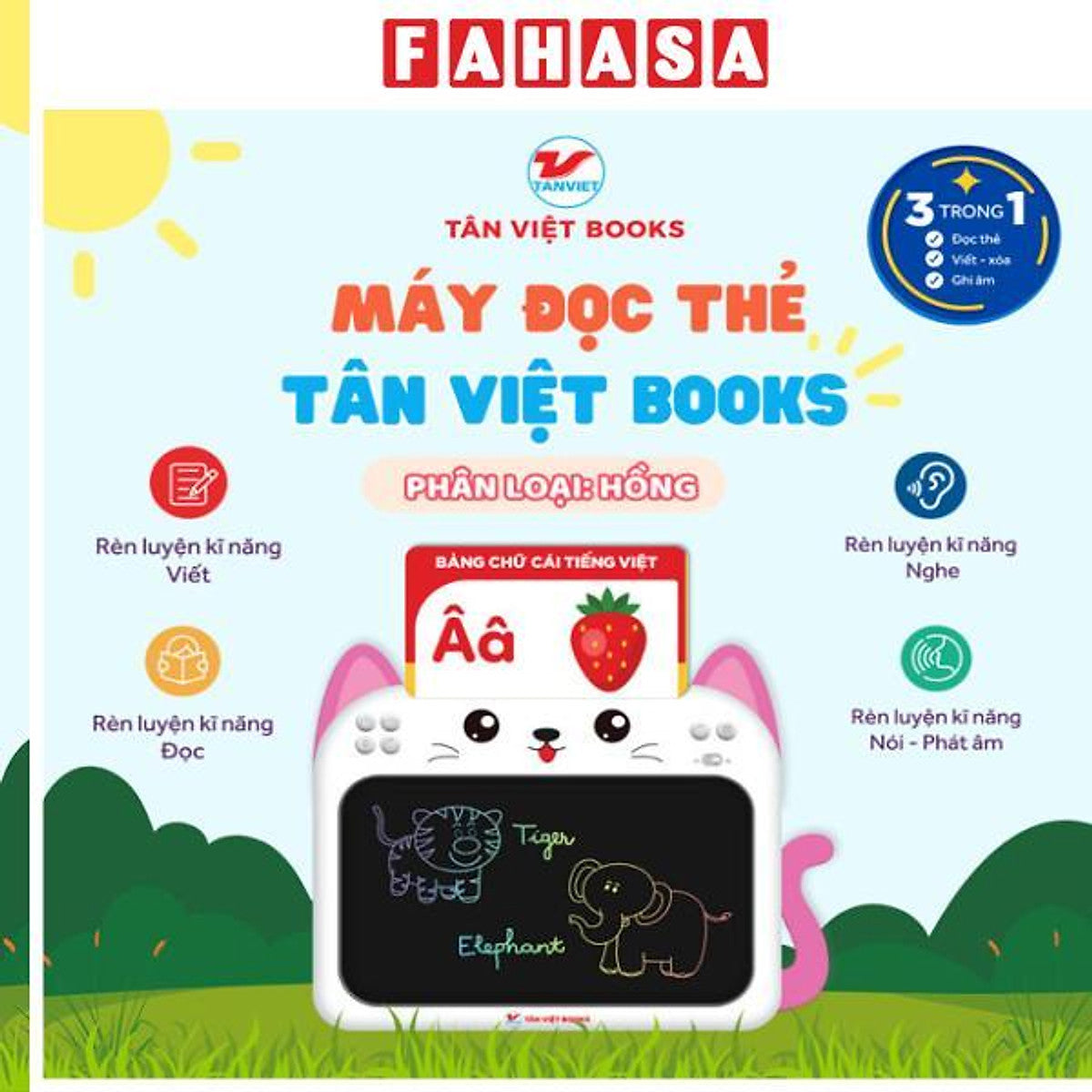 Sách - Máy Đọc Thẻ Tân Việt Book 3 Trong 1 - Song Ngữ Anh-Việt - Màu Hồng