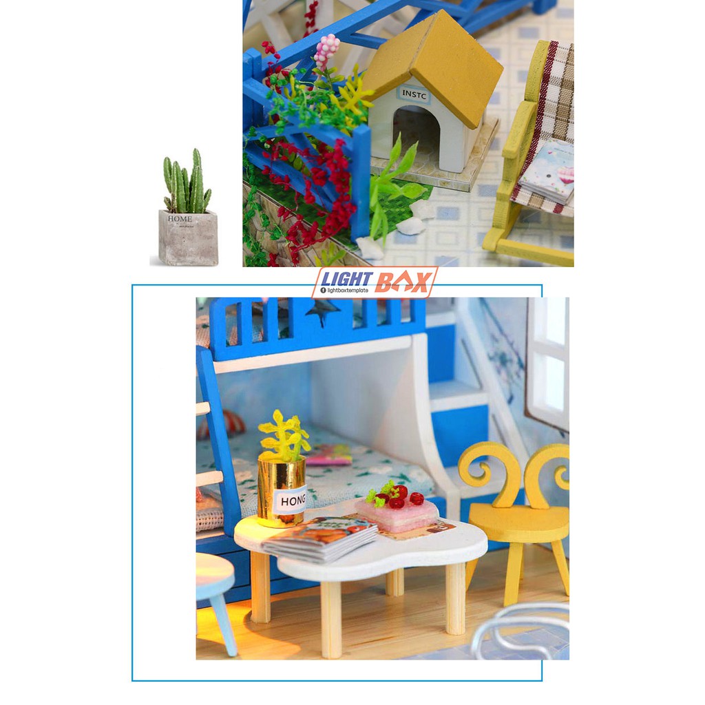 Nhà búp bê Tự làm bằng gỗ [Nhà ROMANTIC AEGEAN SEA có nội thất & đèn led ] Tặng kèm khung MICA + dụng cụ keo