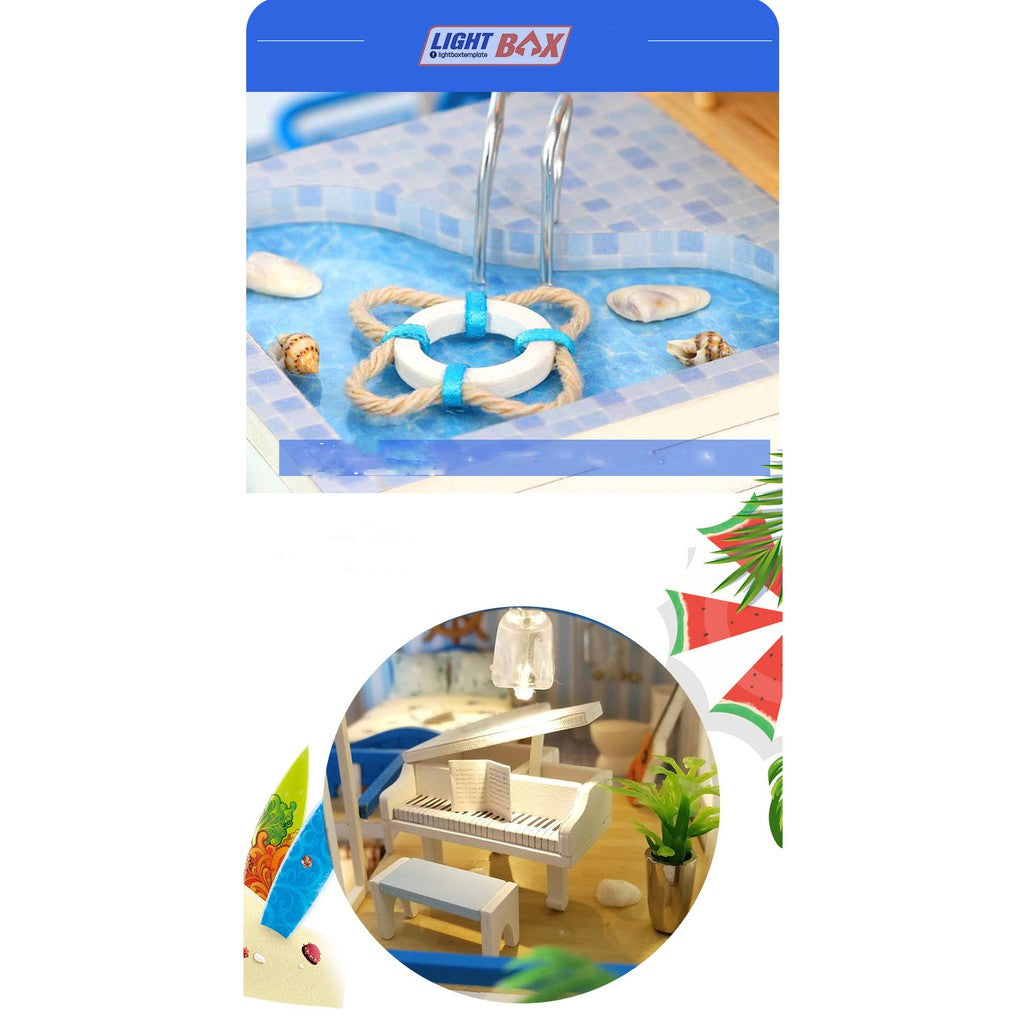 Nhà búp bê Tự làm bằng gỗ [Nhà ROMANTIC AEGEAN SEA có nội thất & đèn led ] Tặng kèm khung MICA + dụng cụ keo
