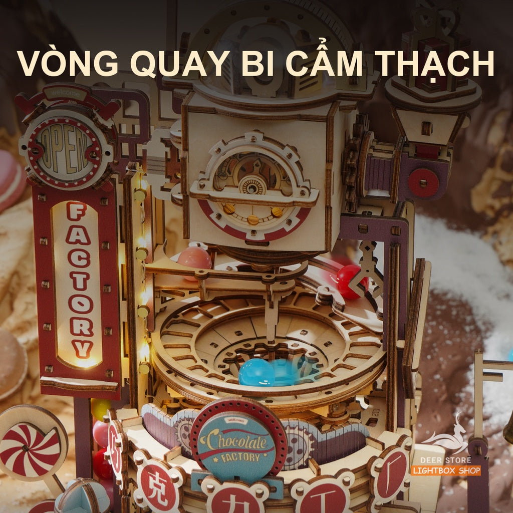 [Bản Tiếng Anh] Đồ chơi lắp ráp gỗ 3D Robotime Chocolate Factory. Có Đèn và Vòng Bi Quay Sử dụng bánh răng | LGA02