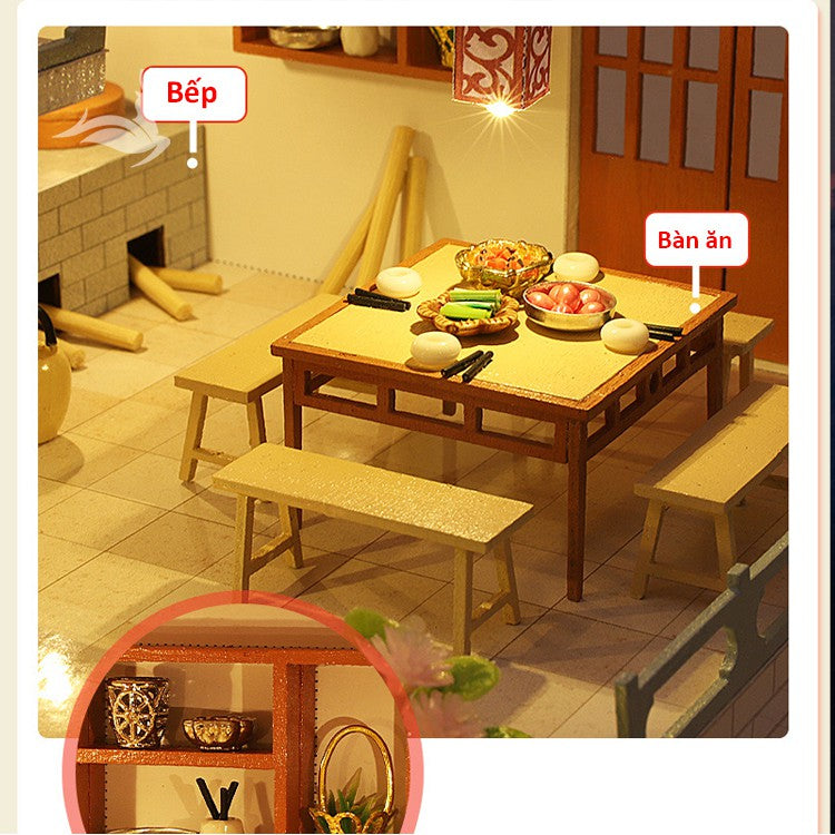 Nhà búp bê kiểu Nhật tự làm - Tặng KHUNG BẢO VỆ, dụng cụ và keo dán [Nhà có nội thất & đèn LED] M032