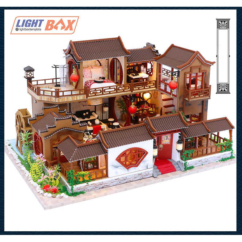 Nhà búp bê Tự làm bằng gỗ [Nhà có nội thất ĐẠI ĐƯỜNG CỔ TRẤN & đèn LED] Tặng khung bảo vệ + Dụng cụ. L905