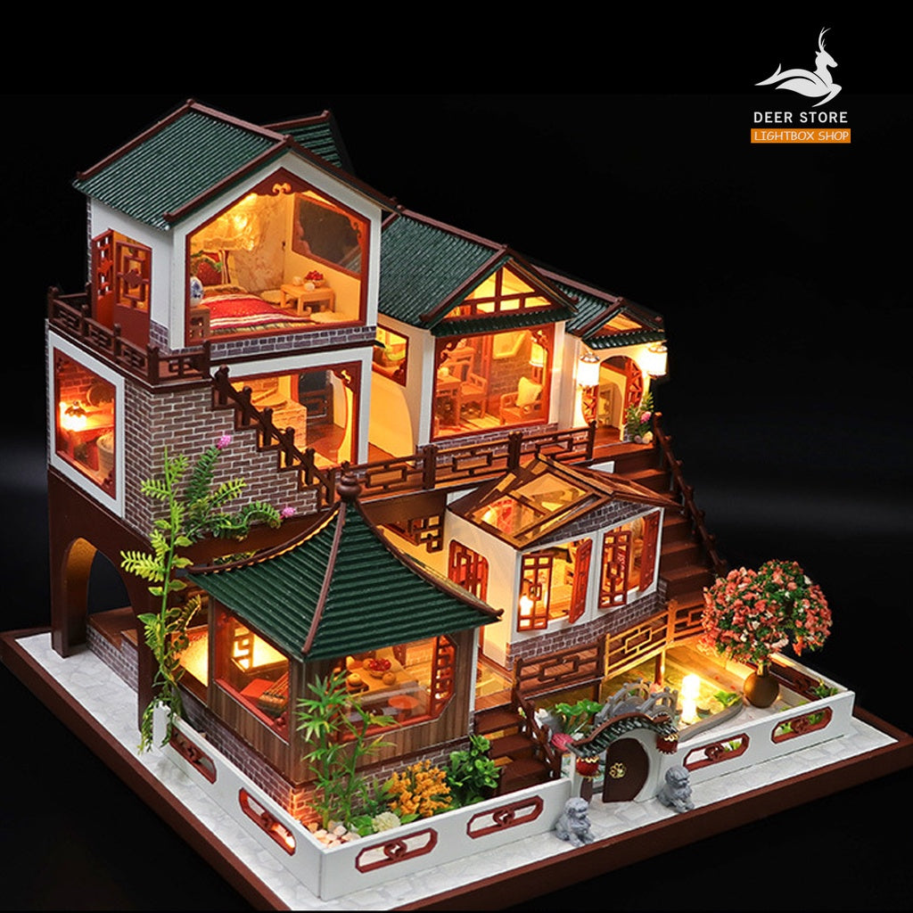 Nhà búp bê biệt thự Tự làm DIY bằng gỗ | Tặng DỤNG CỤ, CÓT NHẠC và 4 BÌNH KEO DÁN. Mô hình có nội thất và đèn | L2122