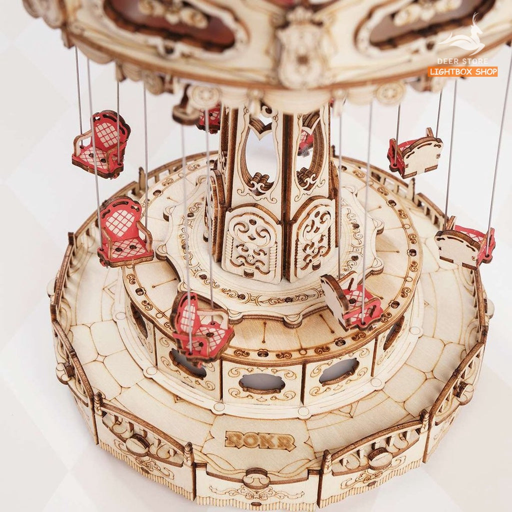 Đồ chơi lắp ráp ROKR Bằng gỗ 3D Swing Ride DIY Music Box. Hộp nhạc Robotime có Đèn và vòng quay tự động. EA02