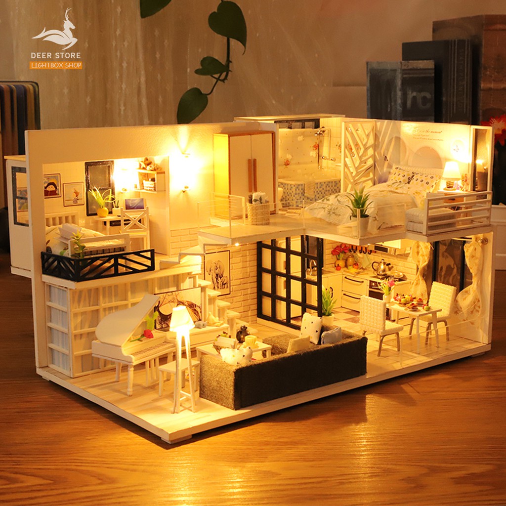 Nhà búp bê Tự làm bằng gỗ [Nhà có nội thất & đèn LED] Tặng KHUNG BẢO VỆ + Dụng cụ | SHINE YOUR WAY M021