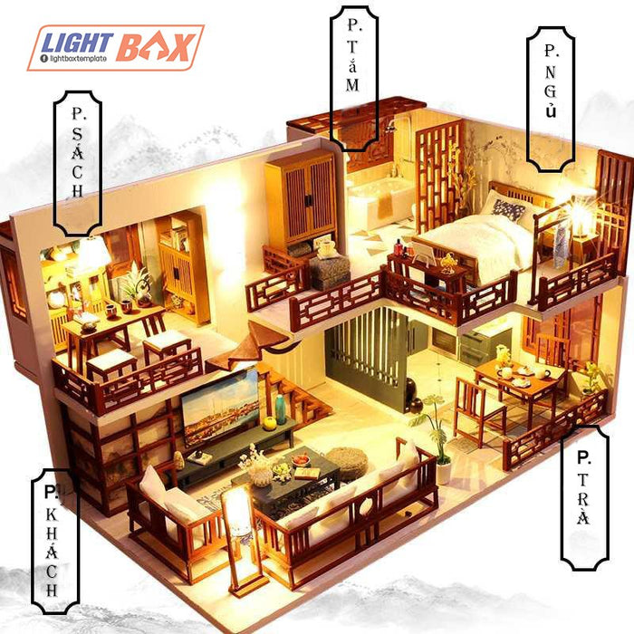 Nhà búp bê Tự làm bằng gỗ [Nhà có nội thất WOODEN HOUSE & đèn LED] Tặng KHUNG BẢO VỆ + DỤNG CỤ M025