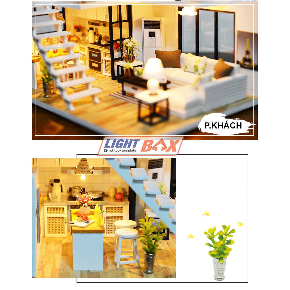 Nhà búp bê Tự làm bằng gỗ [Nhà có nội thất HAPPY TOGETHER & đèn LED] Tặng KHUNG BẢO VỆ + DỤNG CỤ