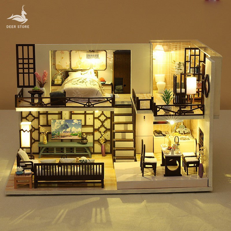 Nhà búp bê DIY tự lắp ráp Đầy đủ nội thật - Tặng khung bảo vệ, dụng cụ và keo - Đầy đủ nội thật và Đèn Led