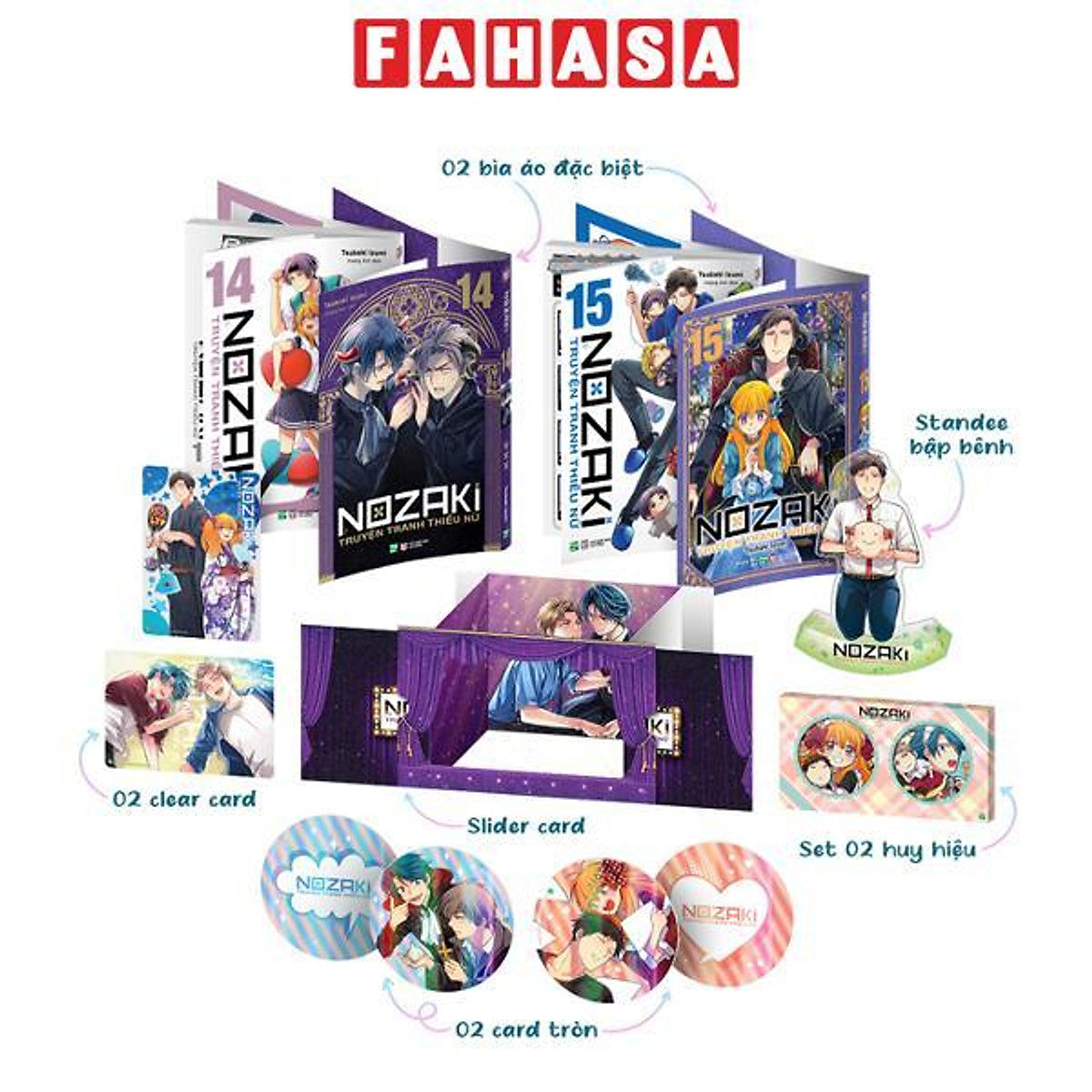 Sách - Bộ Manga - Nozaki & Truyện Tranh Thiếu Nữ: Tập 14 + Tập 15 (Bộ 2 Tập) - Bản Sưu Tầm - Tặng Kèm 2 Bìa Áo + 1 Standee Bập Bênh + 2 Clear Card + 1 Slider Card + 1 Set 2 Huy Hiệu + 2 Card Tròn