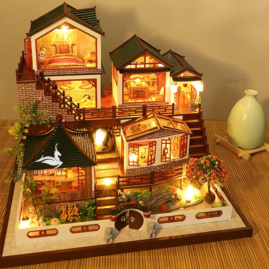 Nhà búp bê biệt thự Tự làm DIY bằng gỗ | Tặng DỤNG CỤ, CÓT NHẠC và 4 BÌNH KEO DÁN. Mô hình có nội thất và đèn | L2122