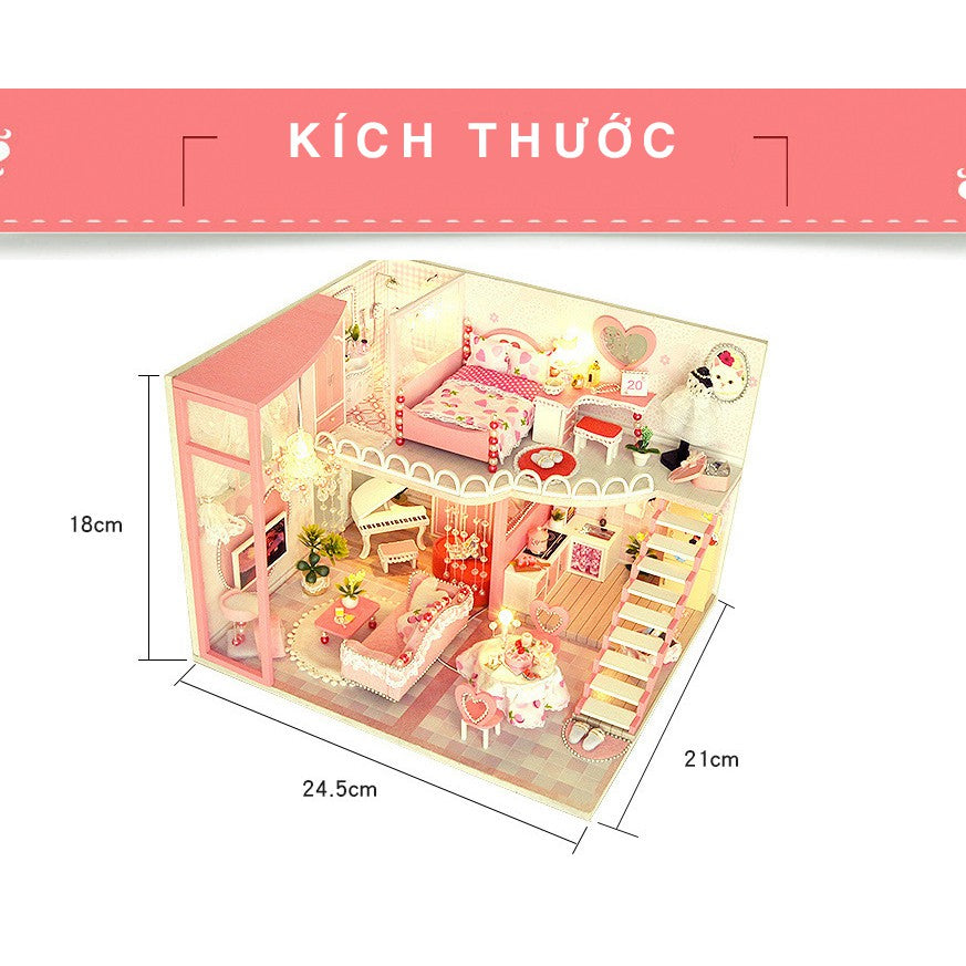 Nhà búp bê Tự lắp ráp món quà sinh nhật (Nhà có nội thất & đèn LED) - Tặng dụng cụ và khung bảo vệ