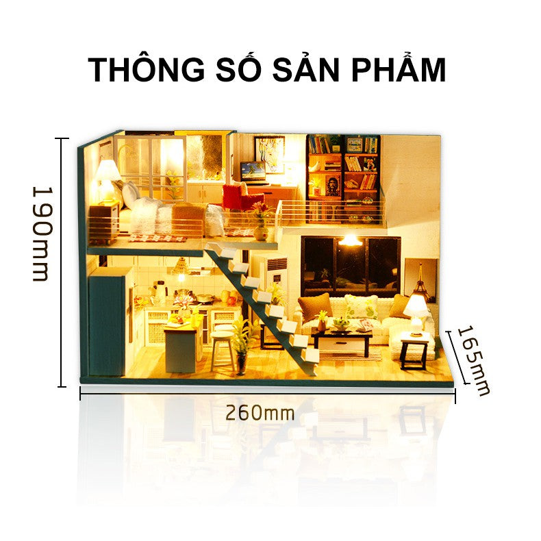 Nhà búp bê Tự làm bằng gỗ [Nhà có nội thất HAPPY TOGETHER & đèn LED] Tặng KHUNG BẢO VỆ + DỤNG CỤ