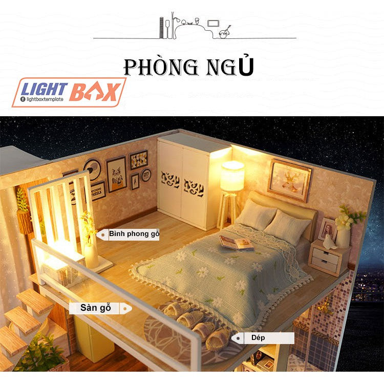 Nhà búp bê Tự làm bằng gỗ [Nhà có nội thất WAITING FOR THE TIME & đèn led ] Tặng khung MICA + dụng cụ keo | L020